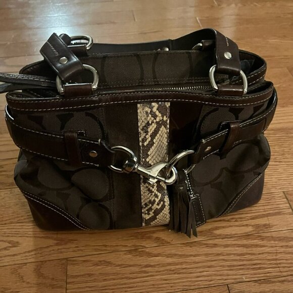 Coach Black/Brown Canvas and Leather Hampton Satchel Handbag - Picture 4 of 12